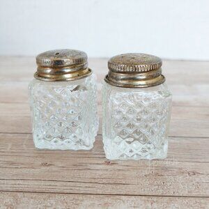 Vintage Mini Glass Salt & Pepper Shakers Set Metal Lids Square Shape MCM 50s/60s